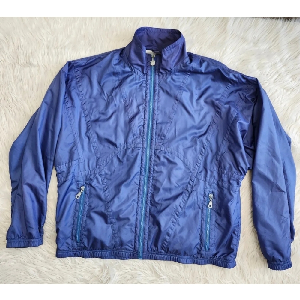 Vtg Kaelin Track Jacket Womens L Zip Lined Pockets Logo Blue Purple Windbreaker